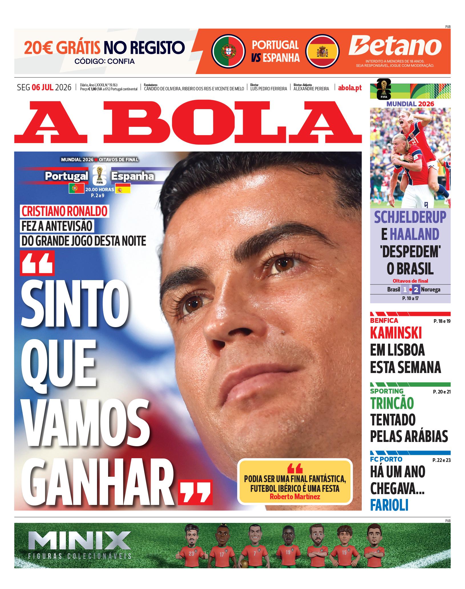 Capa do Jornal “A Bola” – 06/07/2026