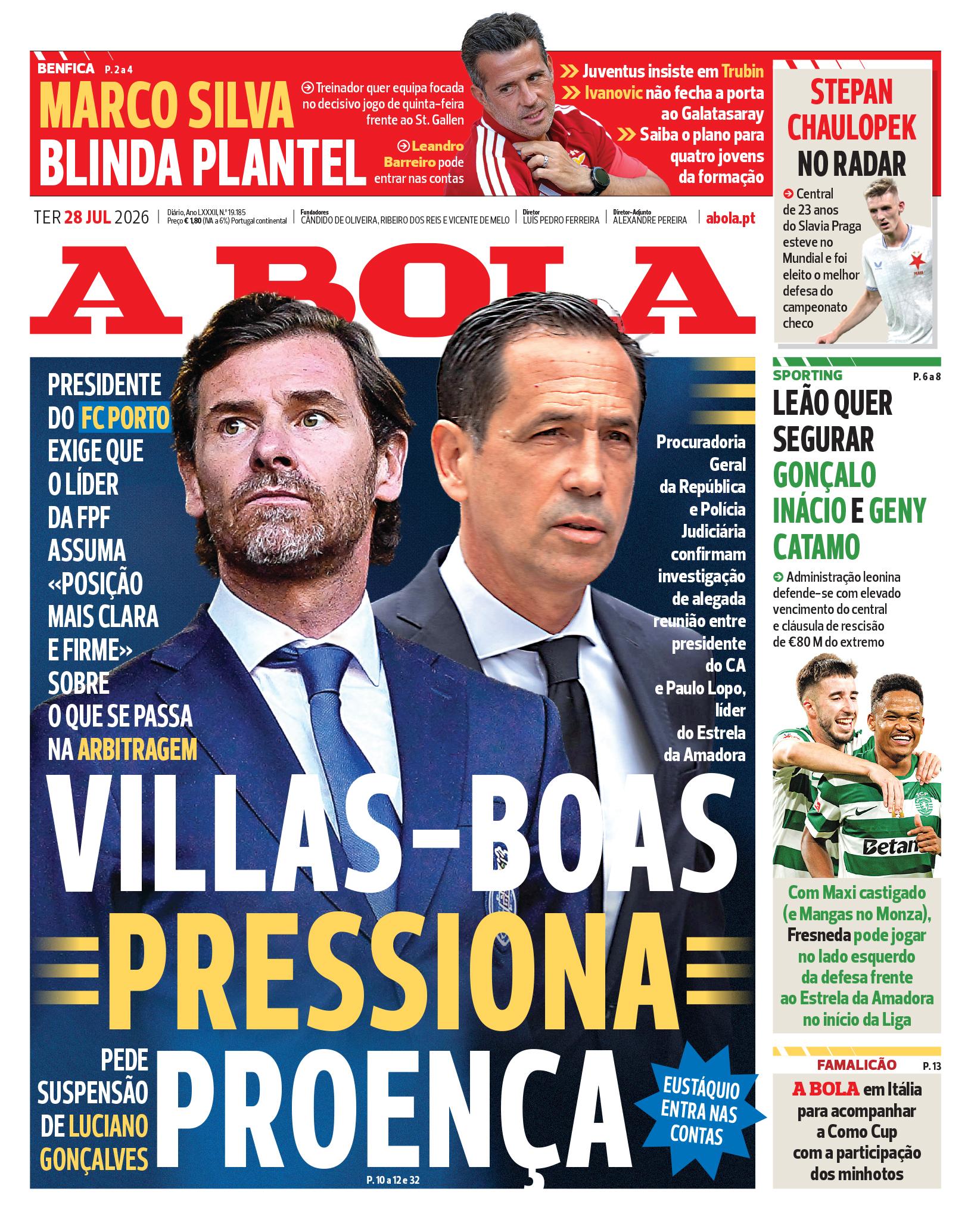 Capa do Jornal “A Bola” – 28/07/2026