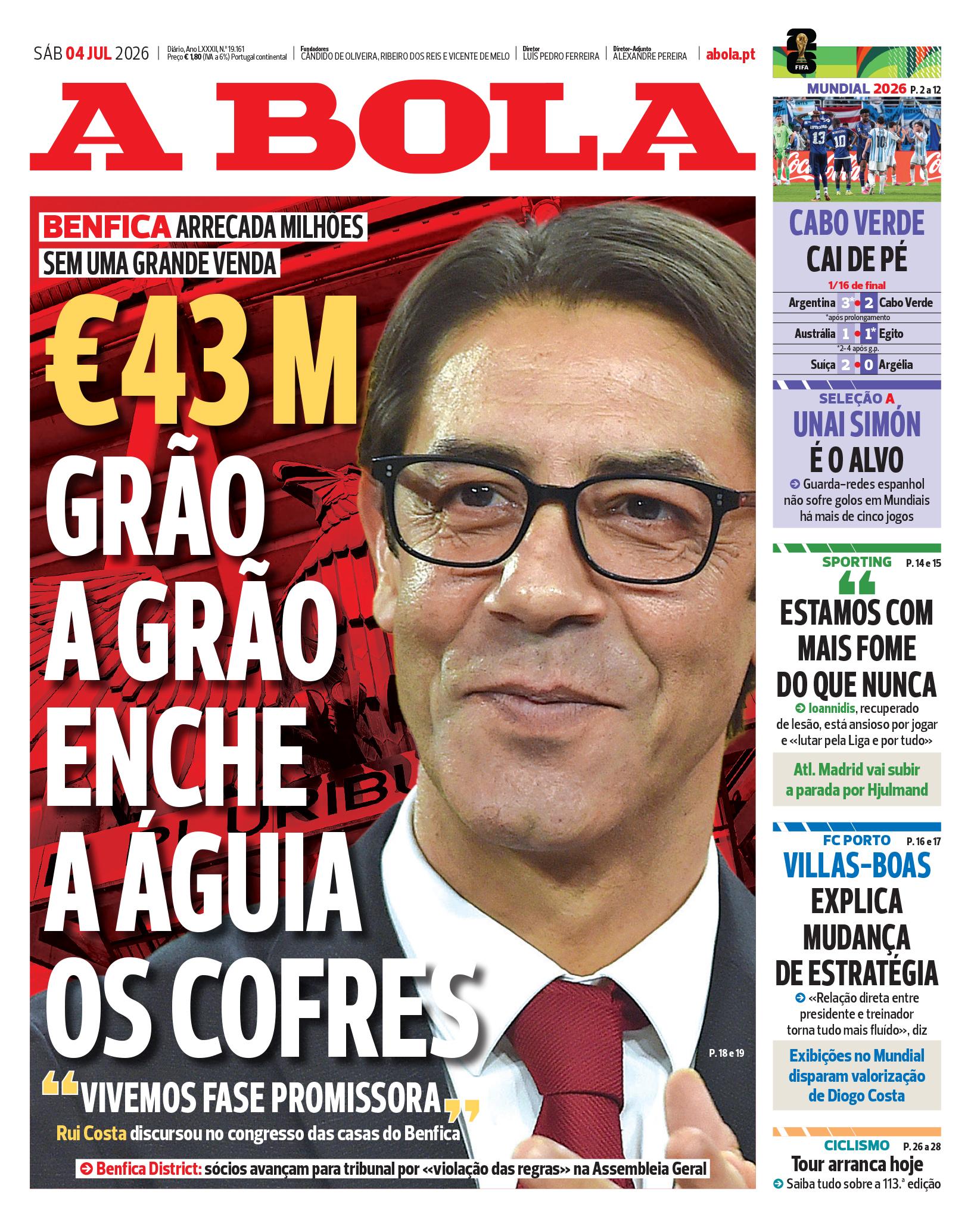 Capa do Jornal “A Bola” – 04/07/2026