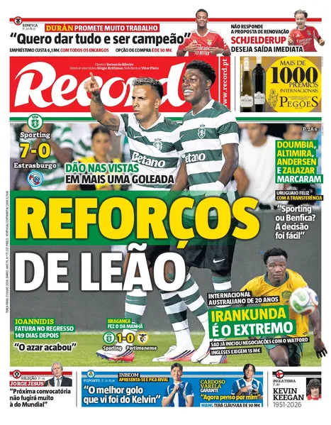 Capa do Jornal “Record” – 21/07/2026