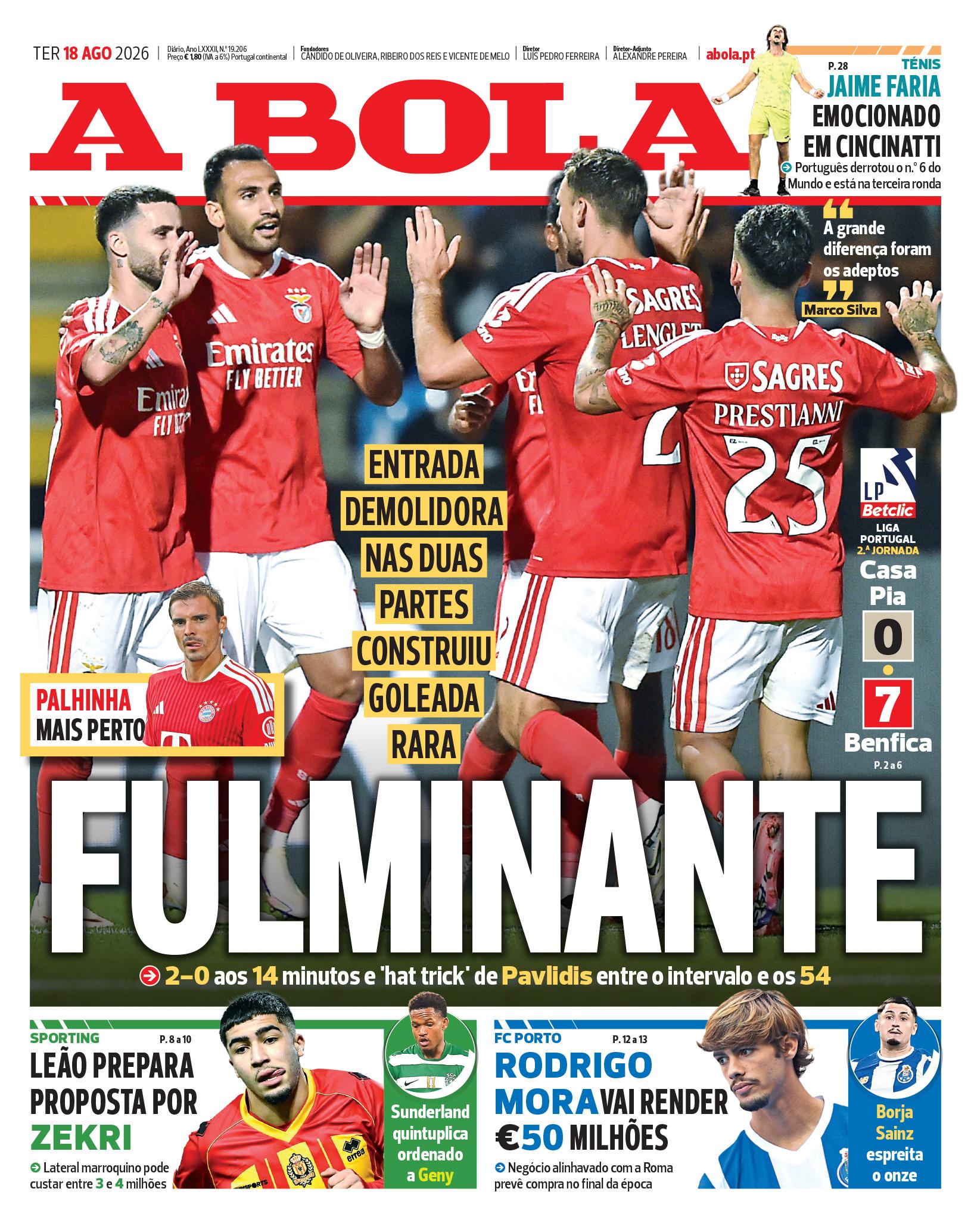 Capa do Jornal “A Bola” – 18/08/2026