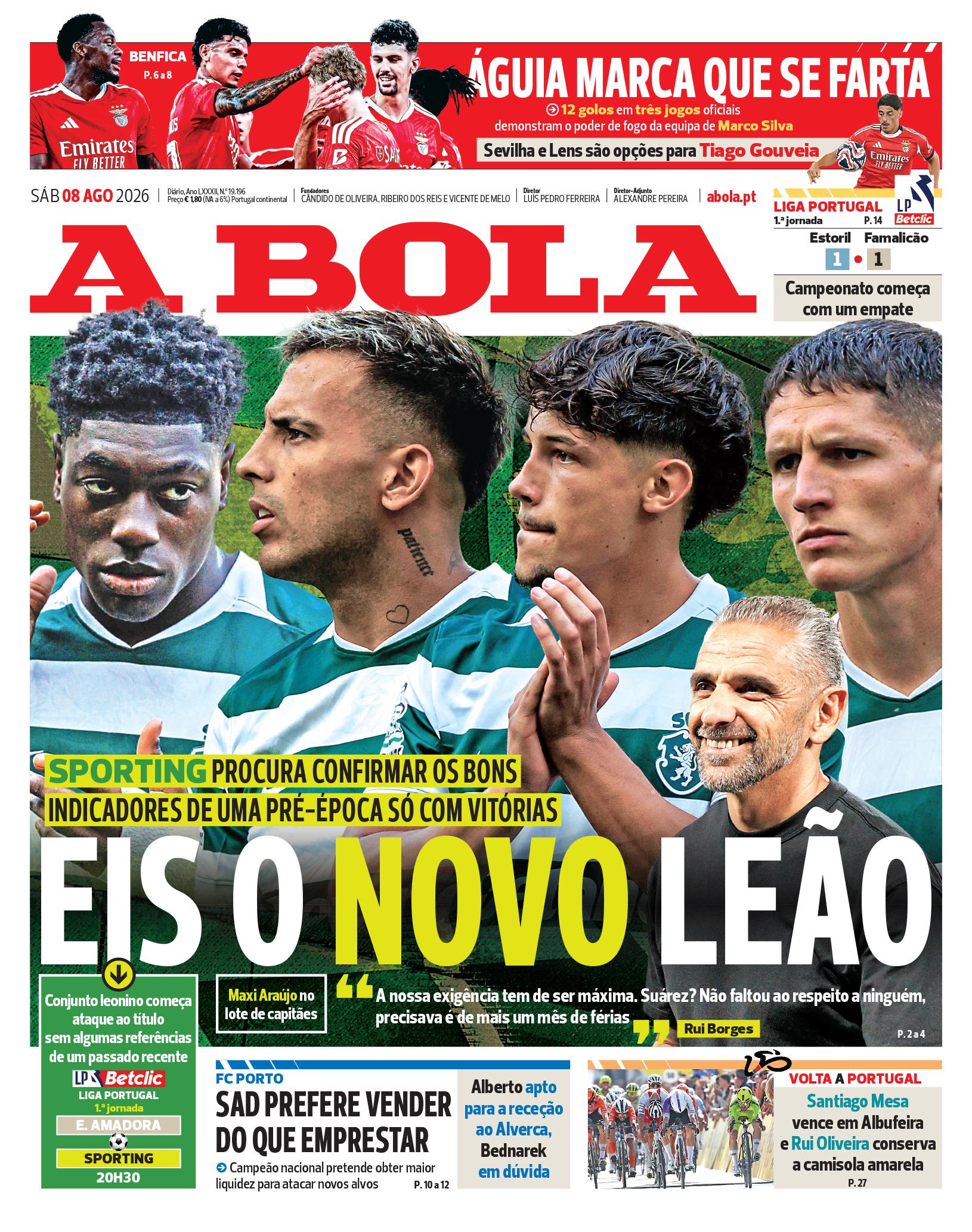 Capa do Jornal “A Bola” – 08/08/2026