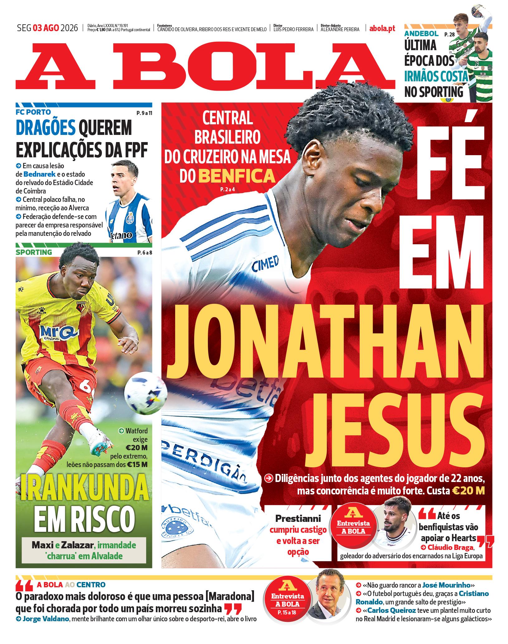 Capa do Jornal “A Bola” – 03/08/2026