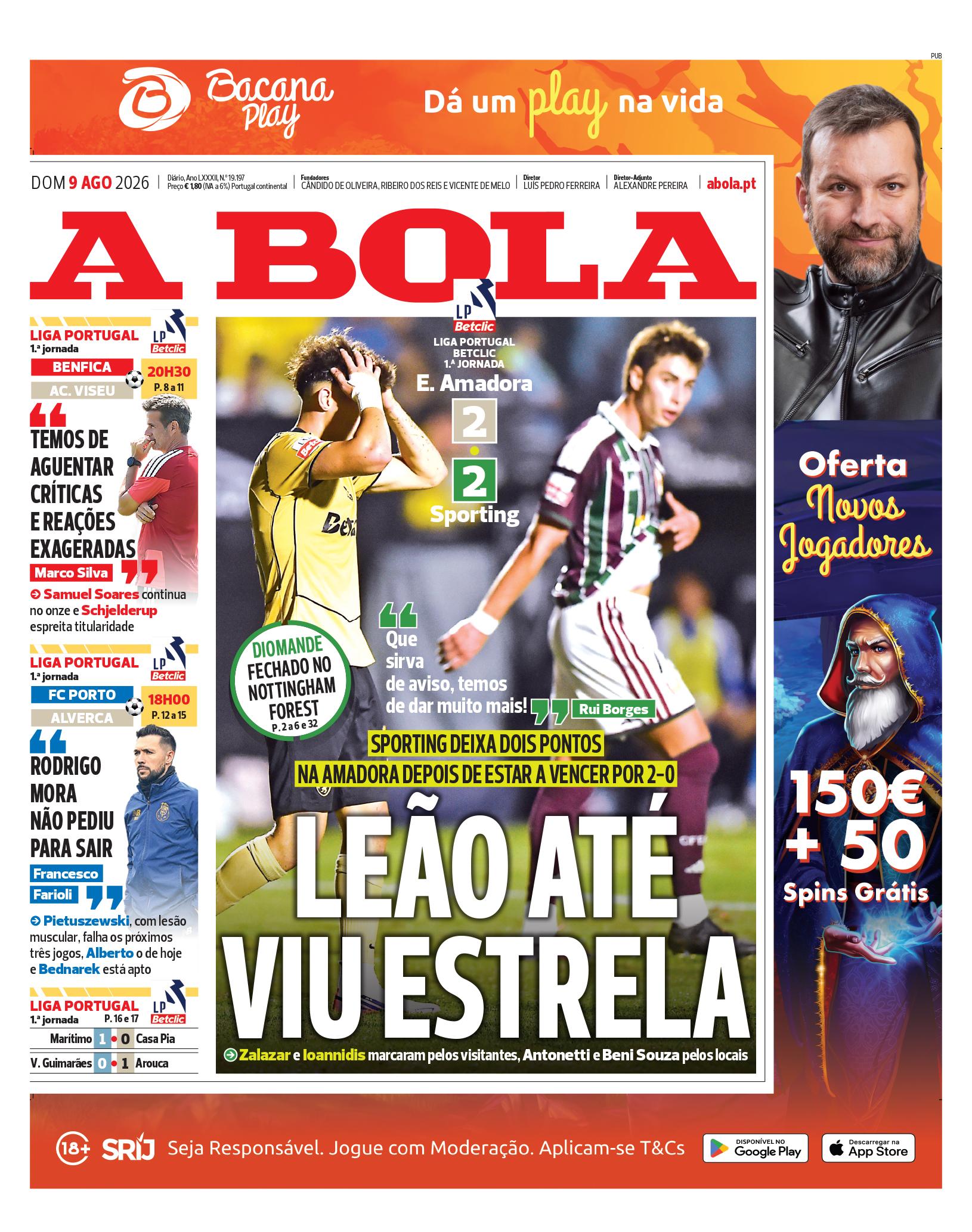 Capa do Jornal “A Bola” – 09/08/2026