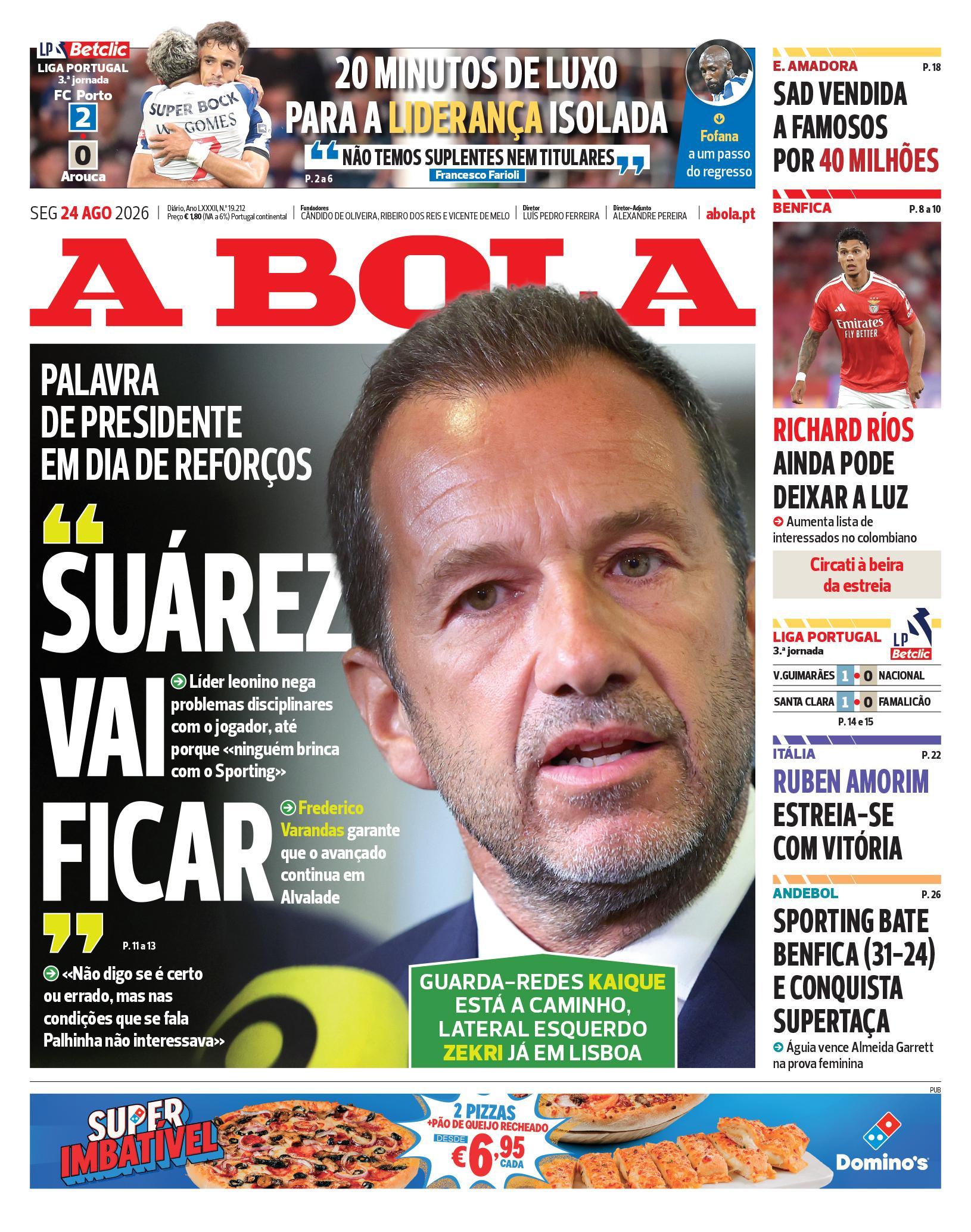Capa do Jornal “A Bola” – 24/08/2026