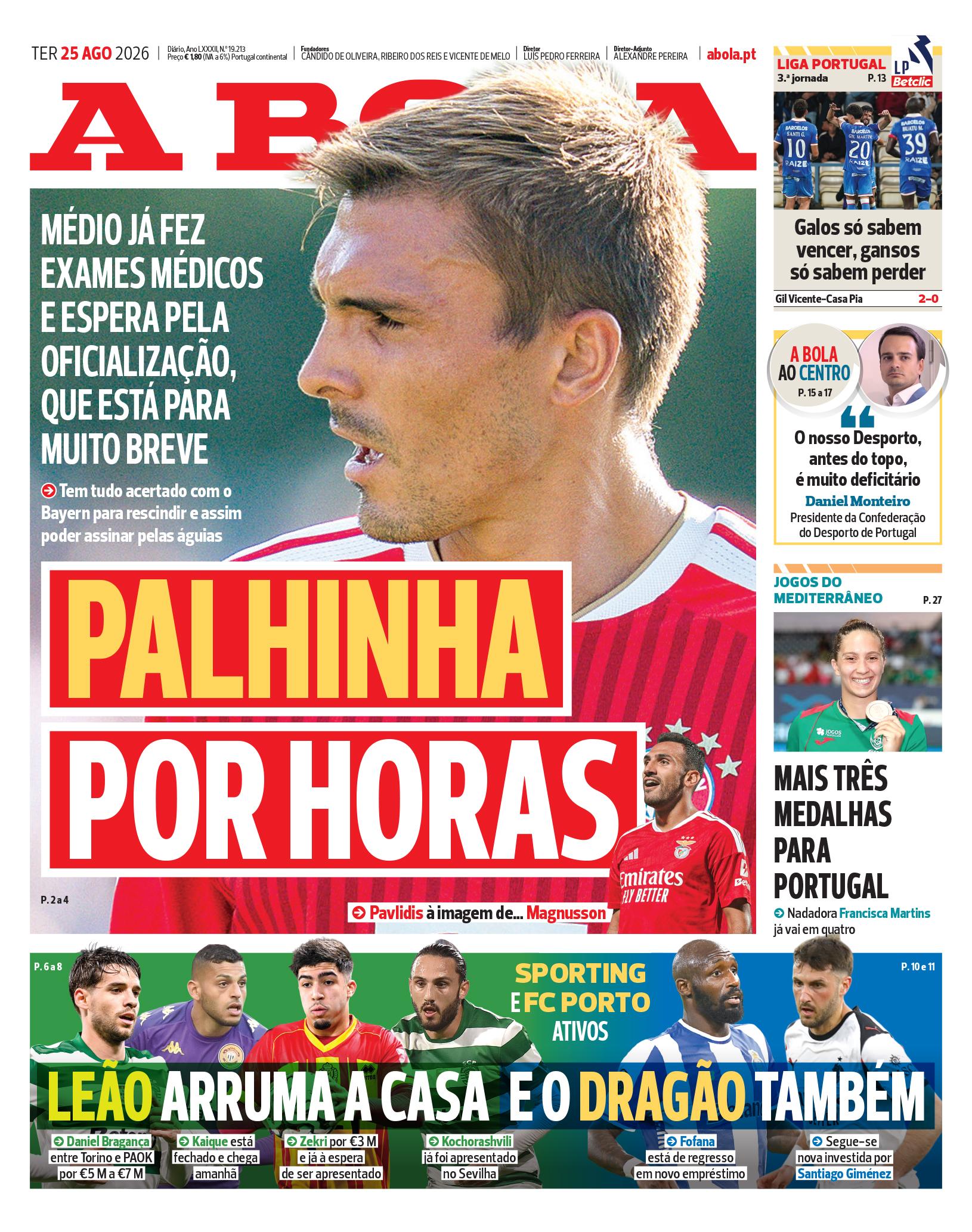 Capa do Jornal “A Bola” – 25/08/2026