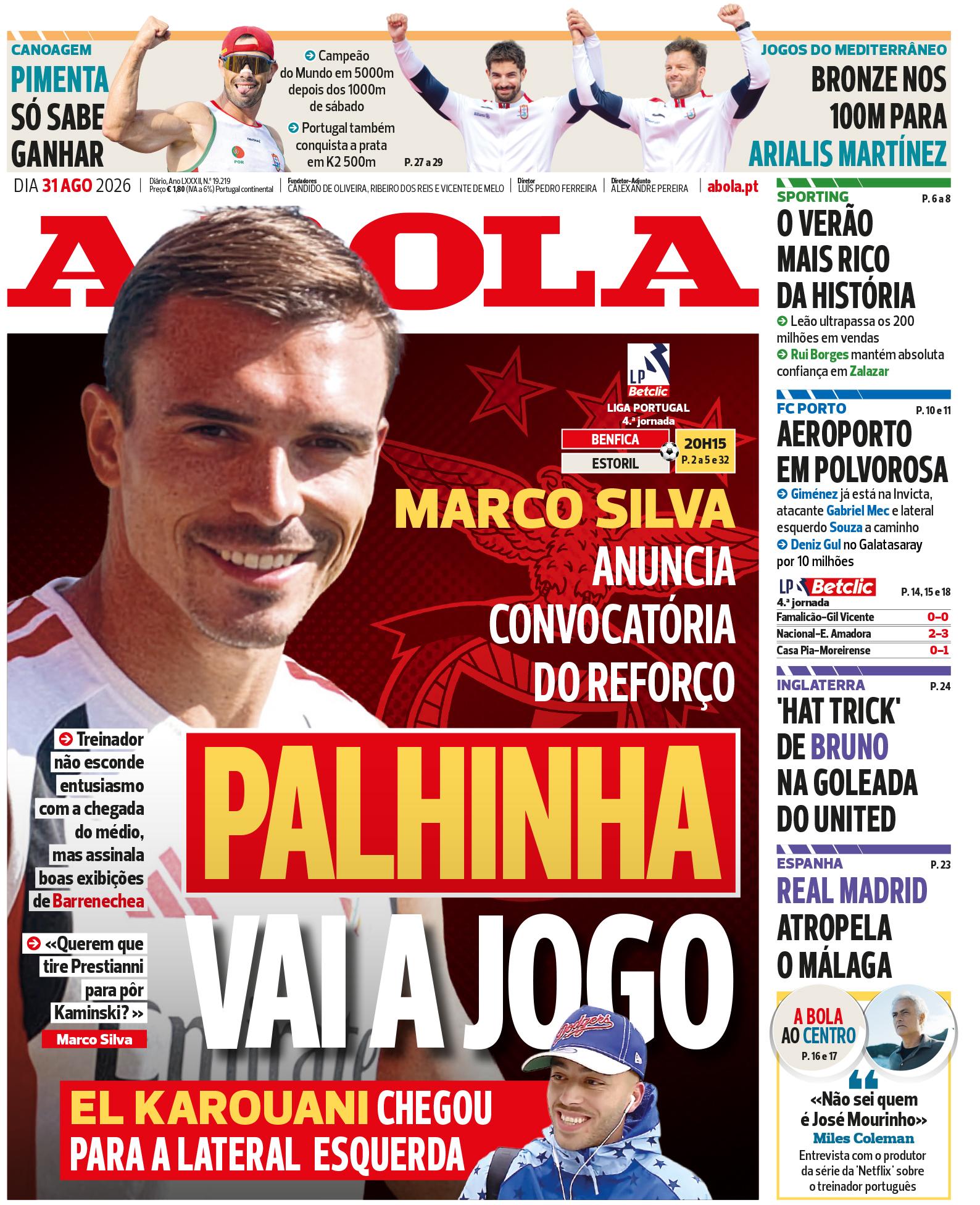 Capa do Jornal “A Bola” – 31/08/2026