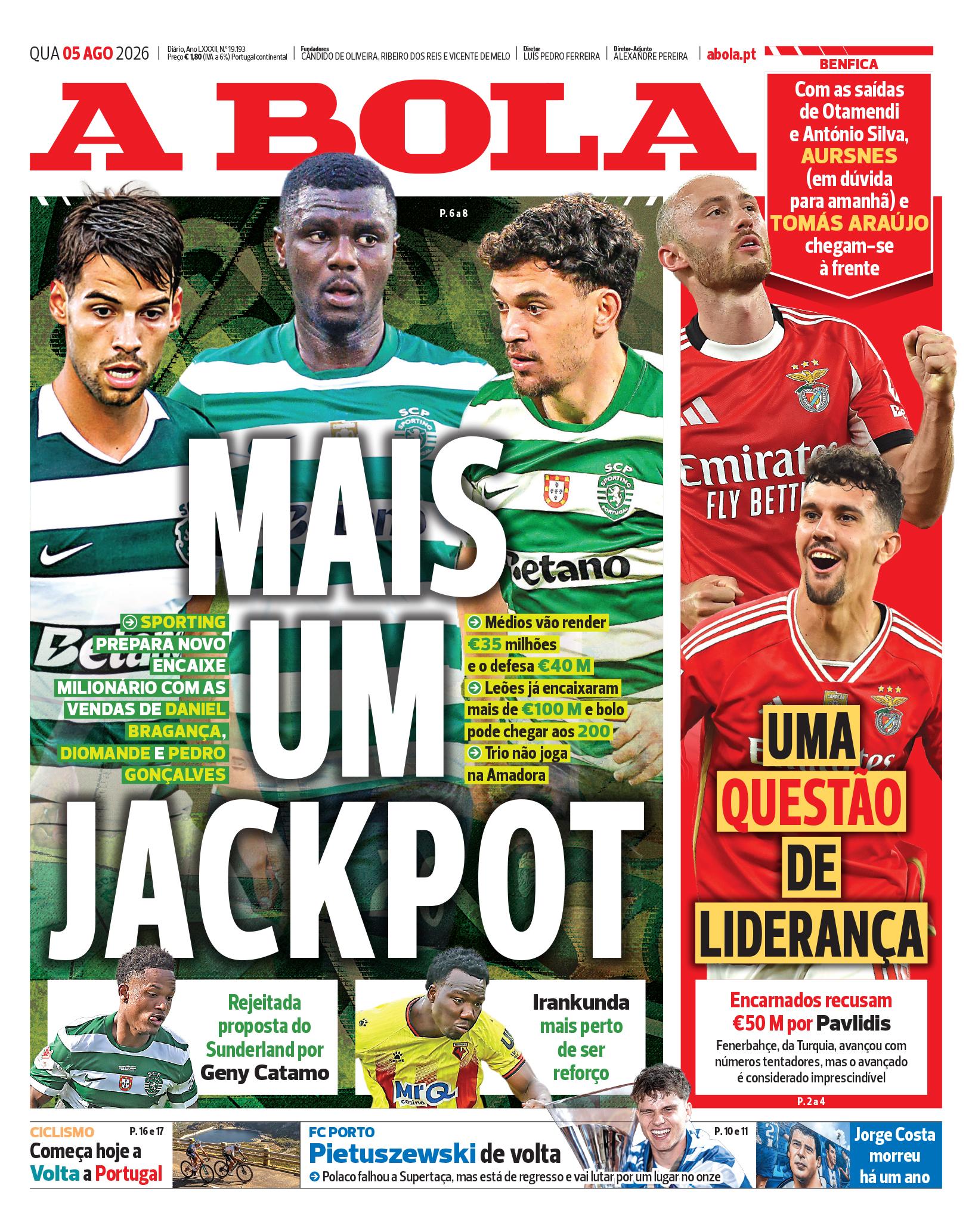 Capa do Jornal “A Bola” – 05/08/2026