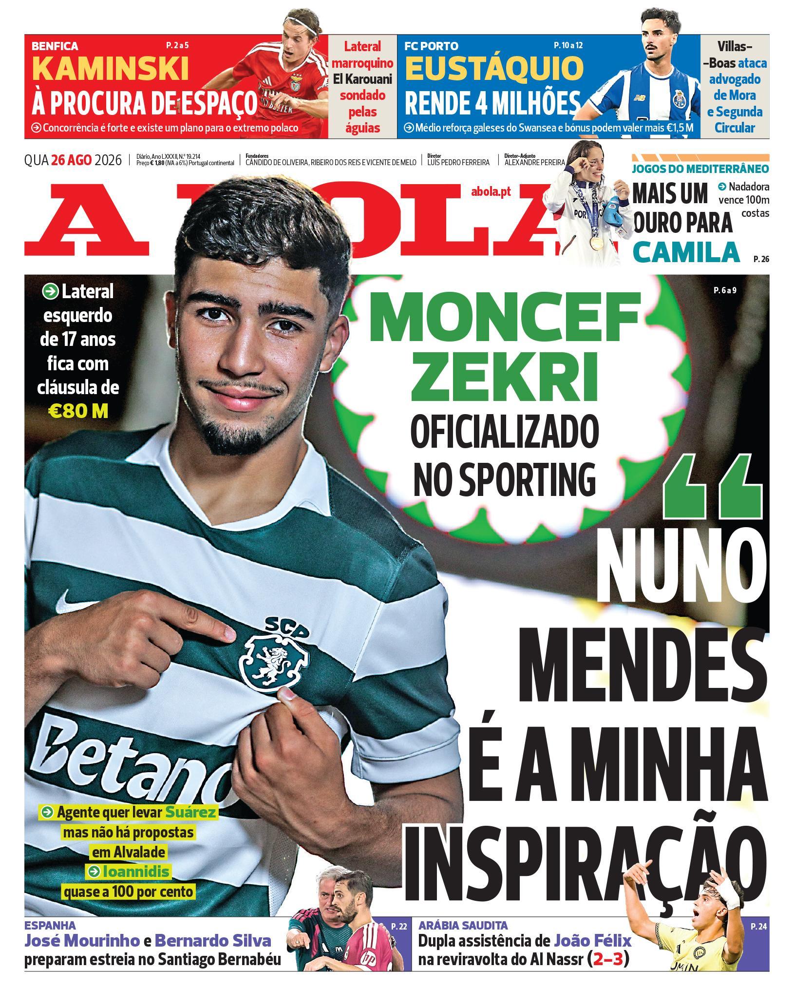 Capa do Jornal “A Bola” – 26/08/2026