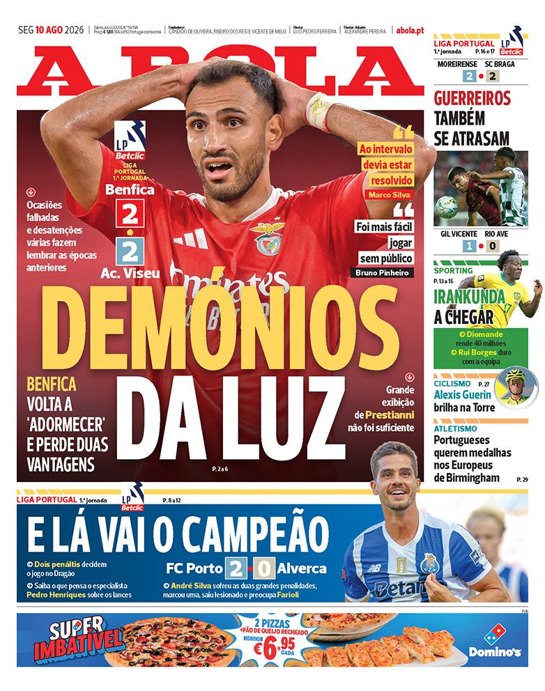 Capa do Jornal “A Bola” – 10/08/2026