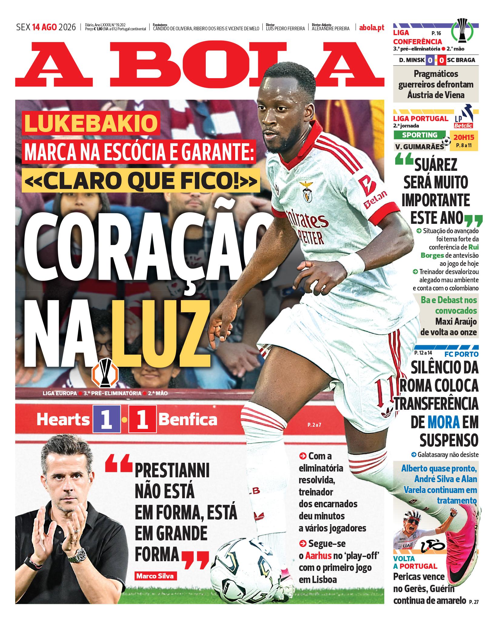 Capa do Jornal “A Bola” – 13/08/2026