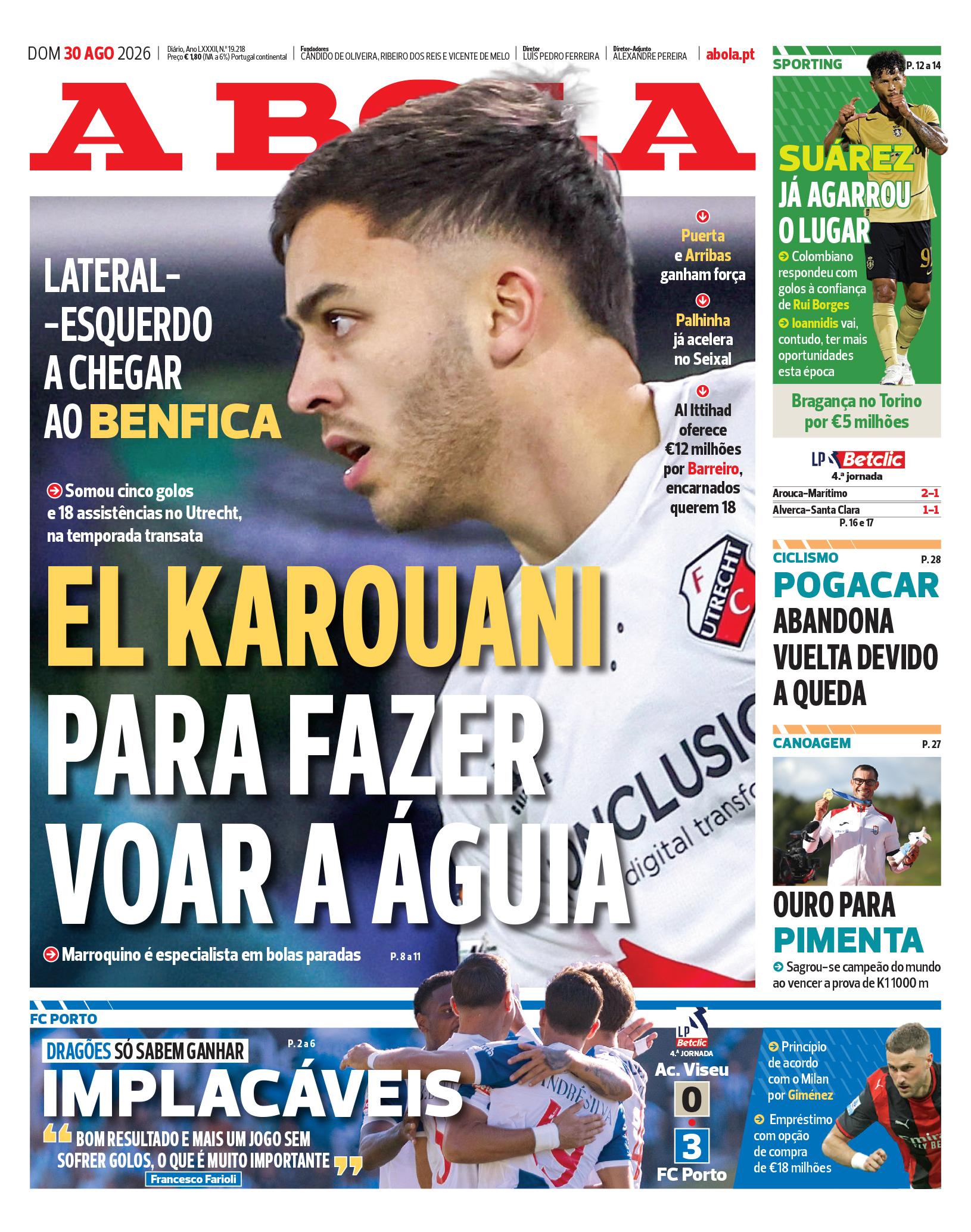 Capa do Jornal “A Bola” – 30/08/2026
