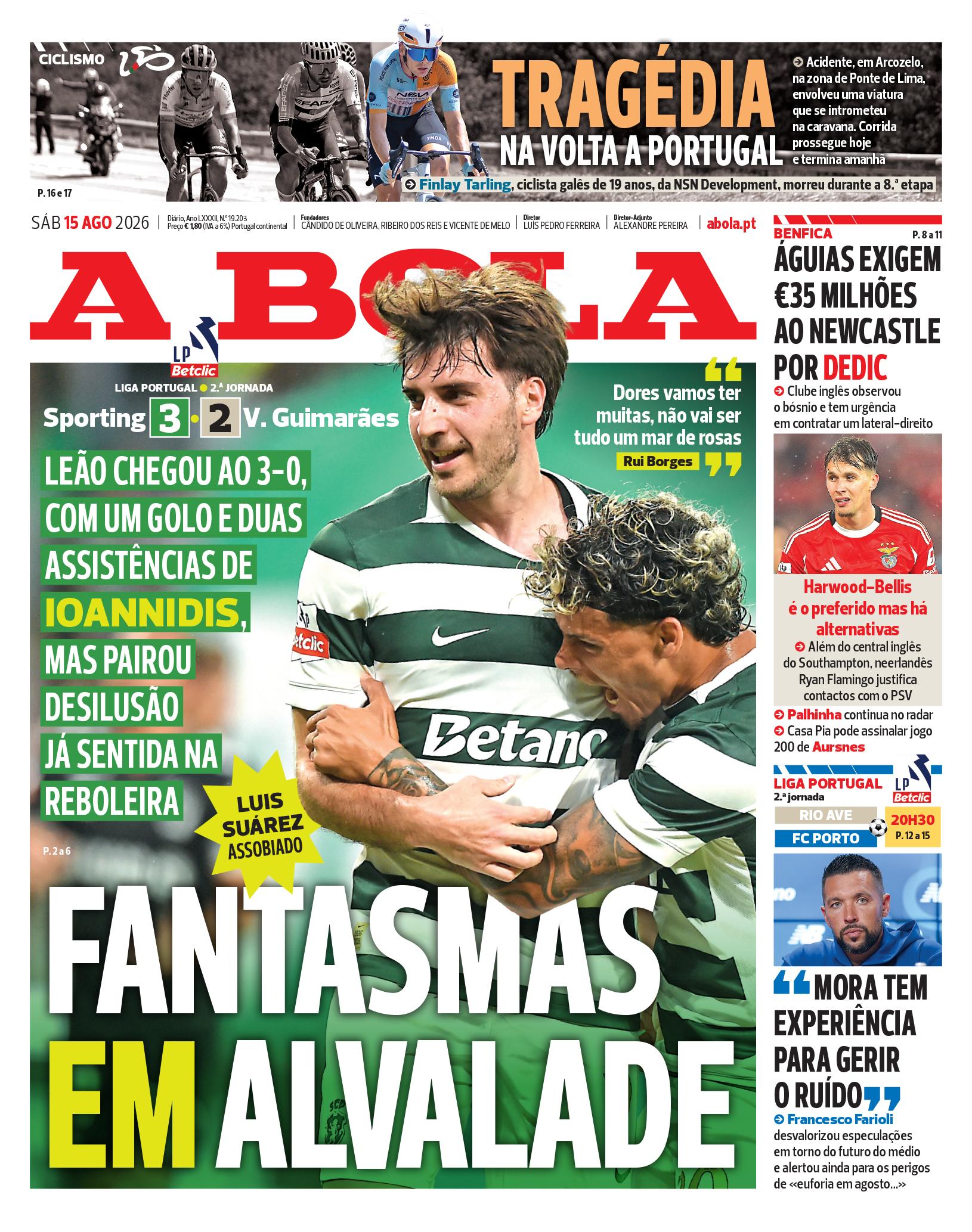 Capa do Jornal “A Bola” – 14/08/2026