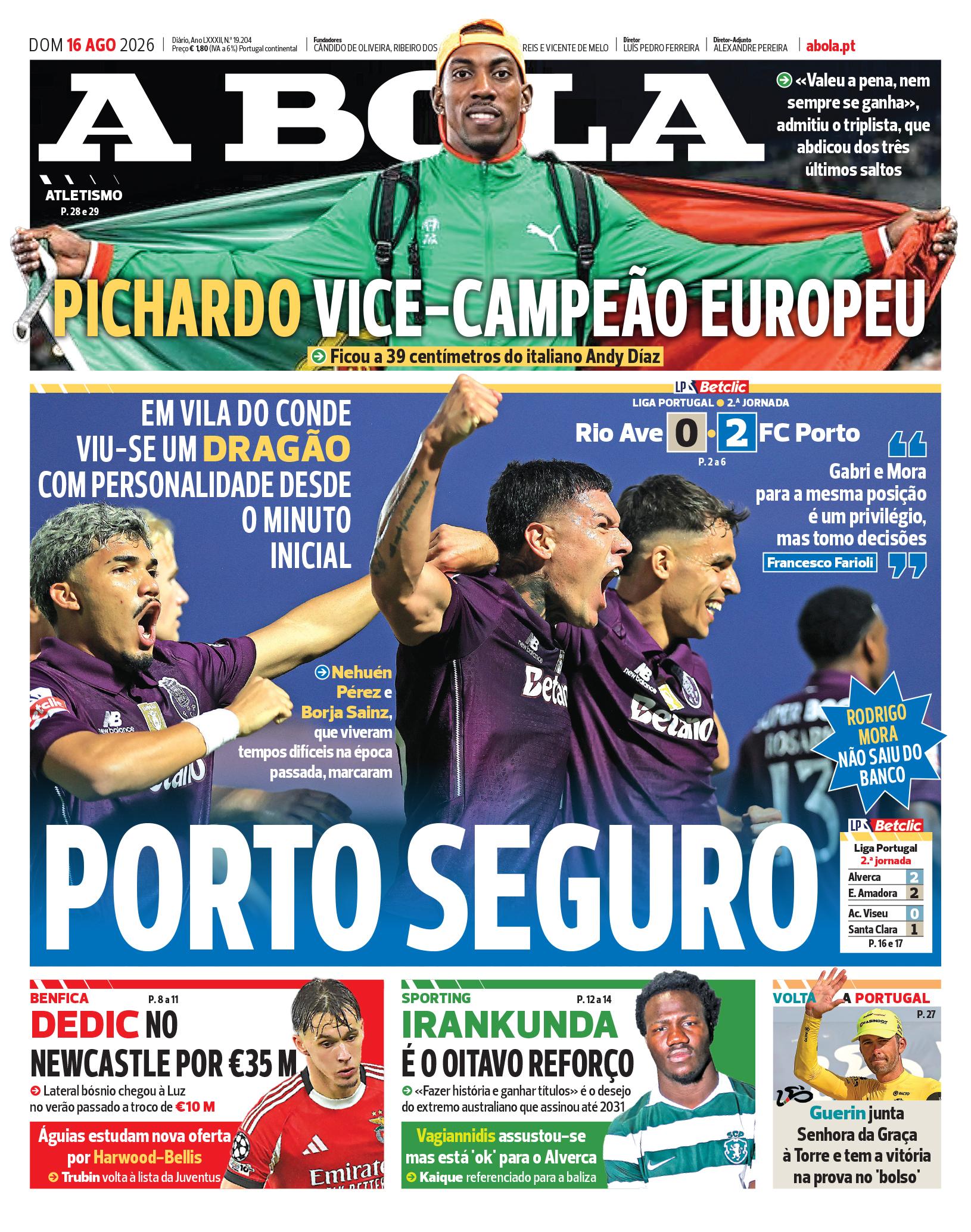 Capa do Jornal “A Bola” – 15/08/2026