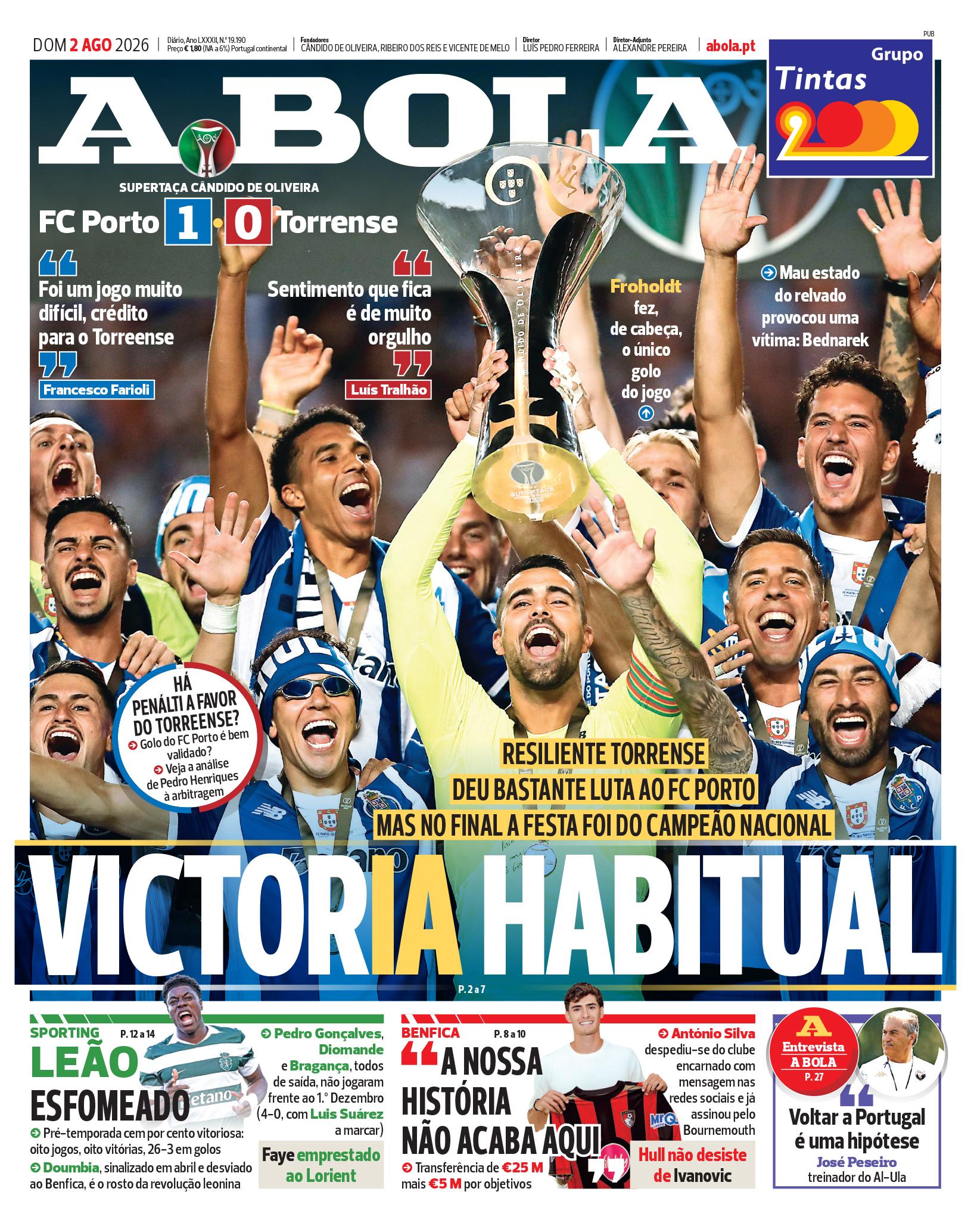 Capa do Jornal “A Bola” – 02/08/2026