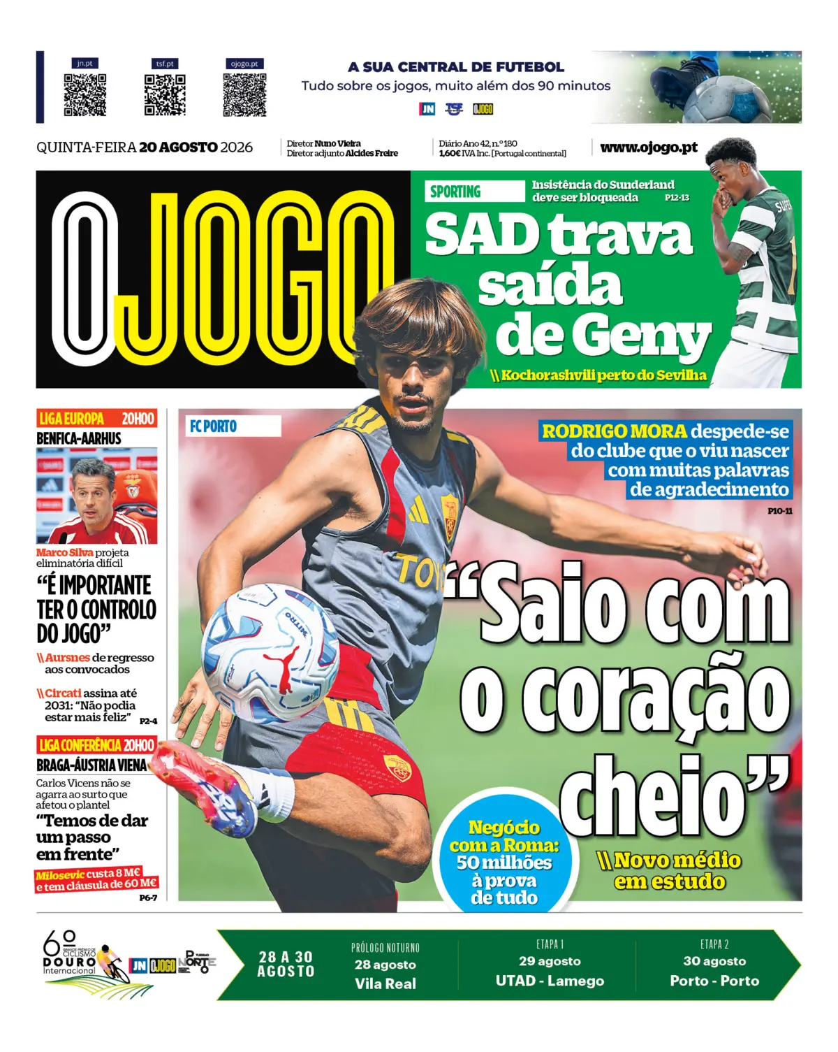 Capa do Jornal “O Jogo” – 20/08/2026