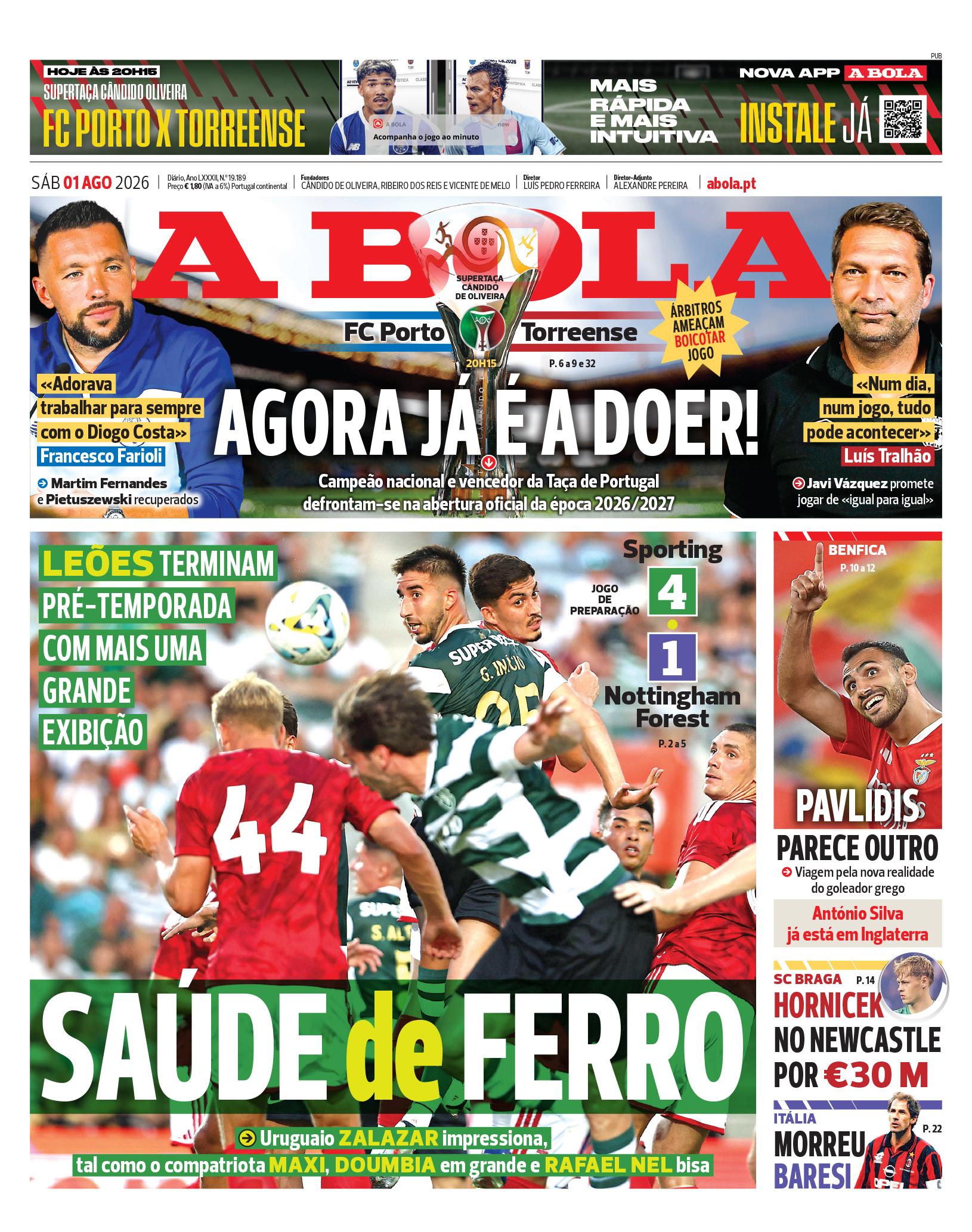 Capa do Jornal “A Bola” – 01/08/2026
