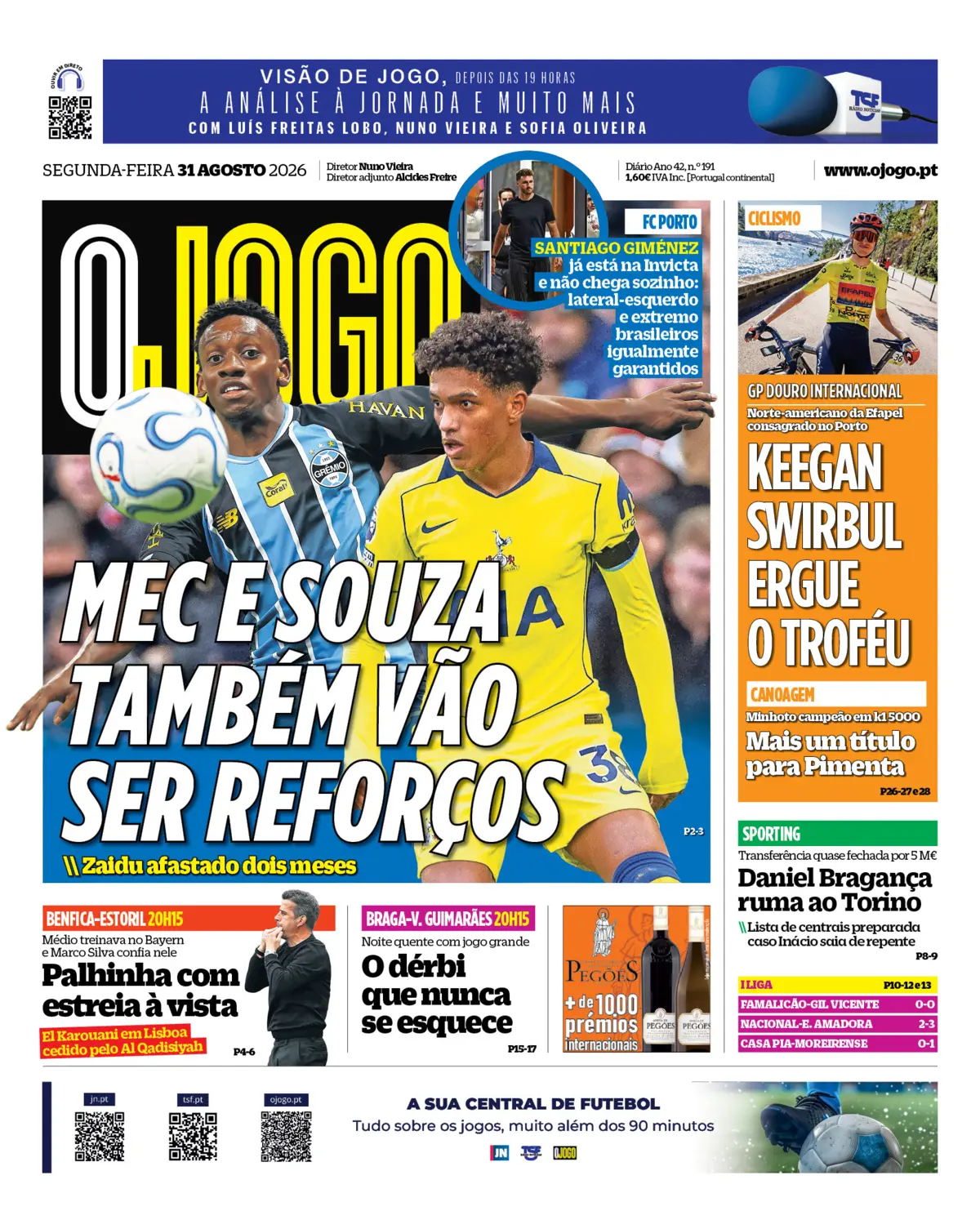 Capa do Jornal “O Jogo” – 31/08/2026