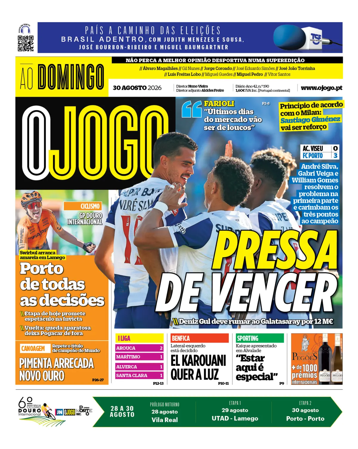 Capa do Jornal “O Jogo” – 30/08/2026