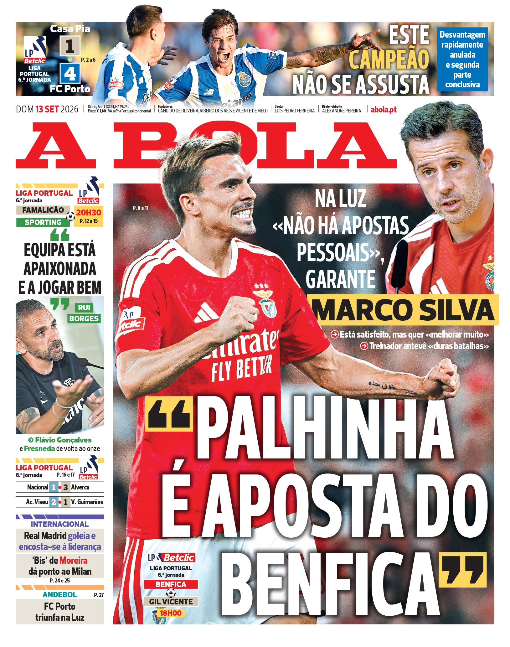 Capa do Jornal “A Bola” – 13/09/2026