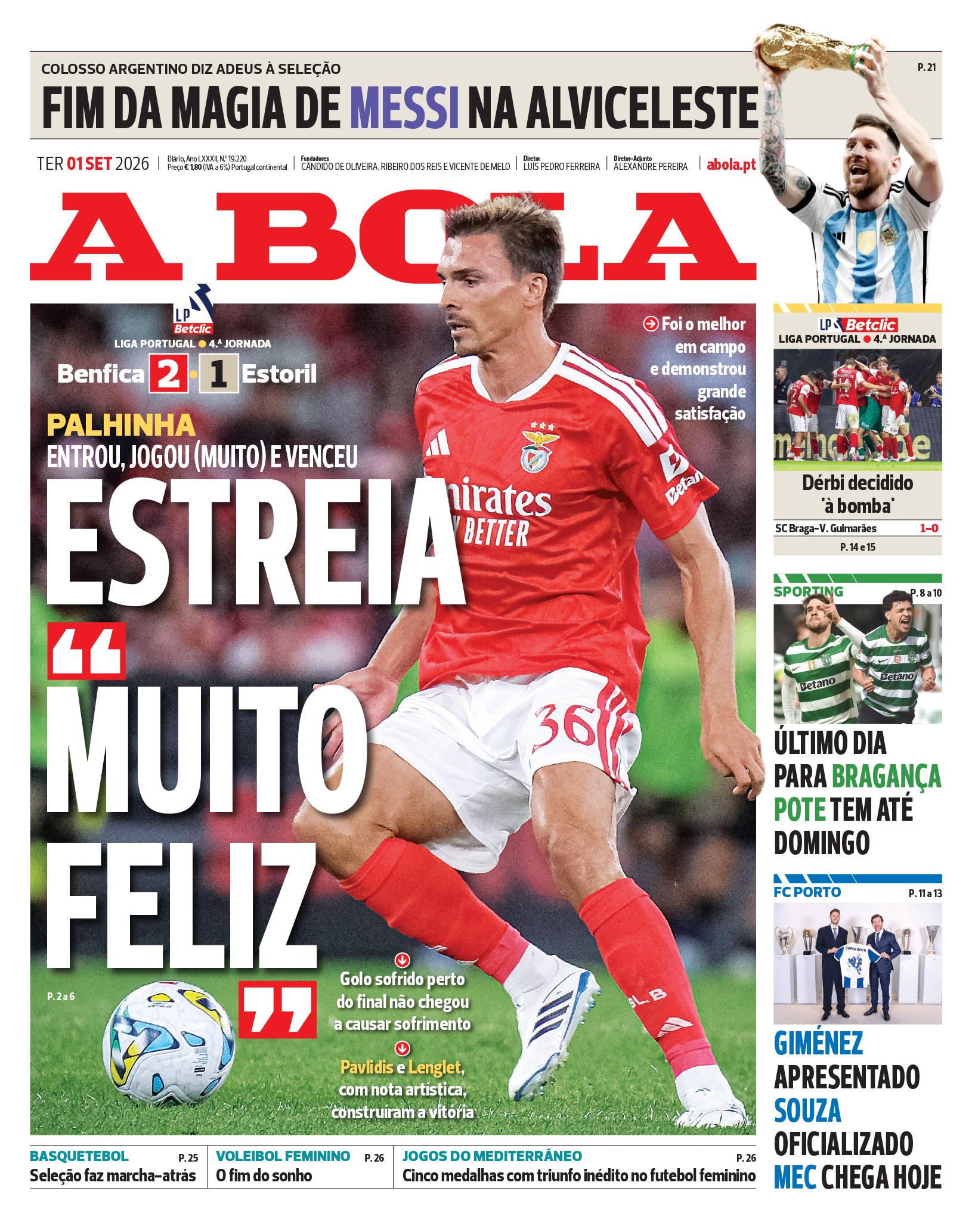 Capa do Jornal “A Bola” – 01/09/2026