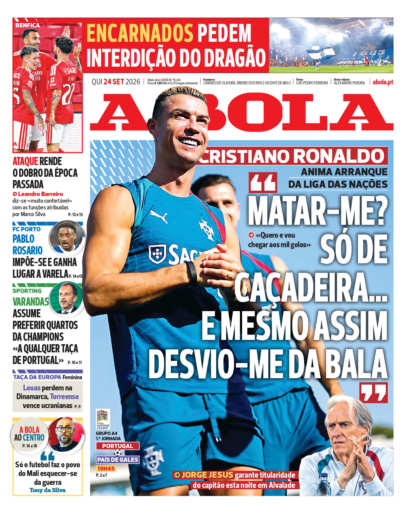 Capa do Jornal “A Bola” – 24/09/2026