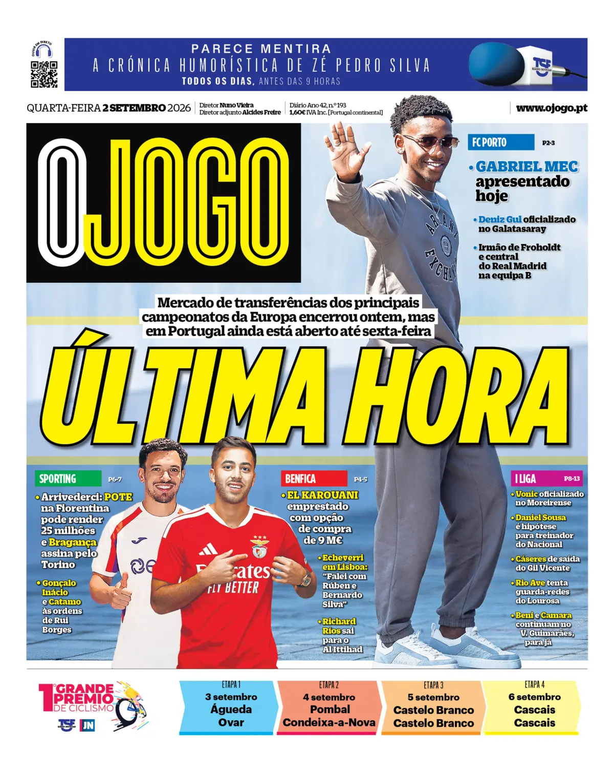 Capa do Jornal “O Jogo” – 02/09/2026