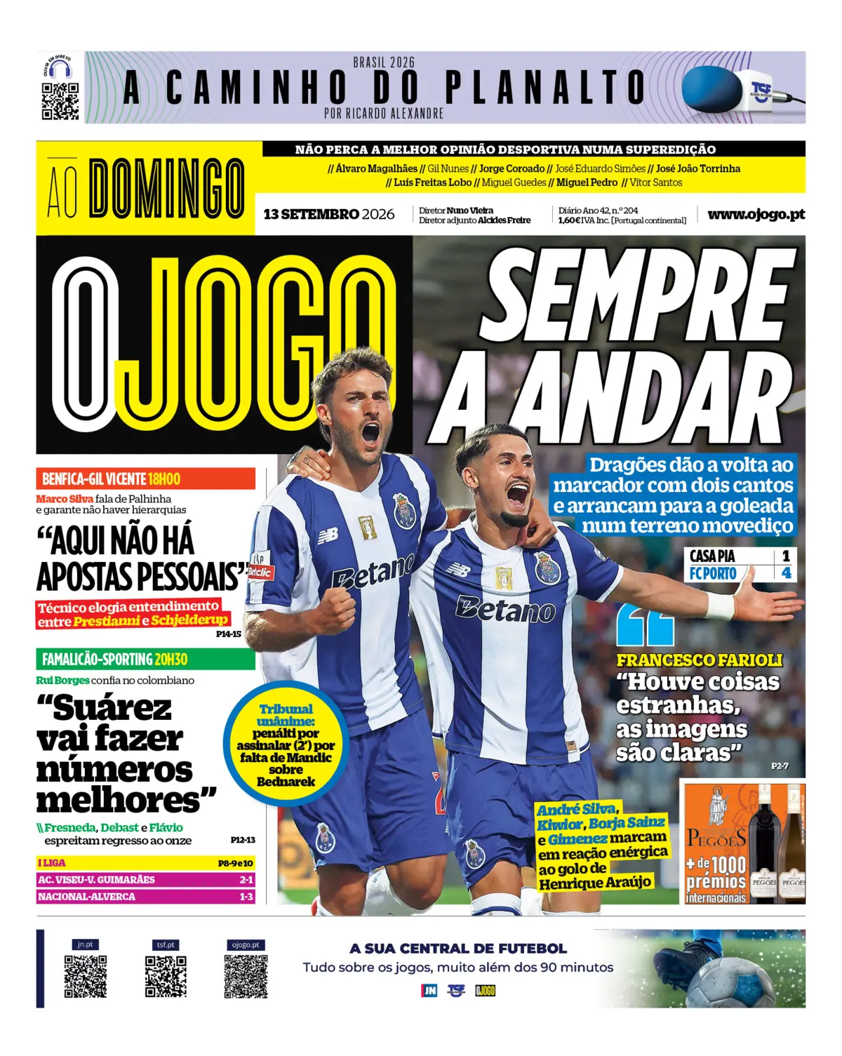 Capa do Jornal “O Jogo” – 13/09/2026