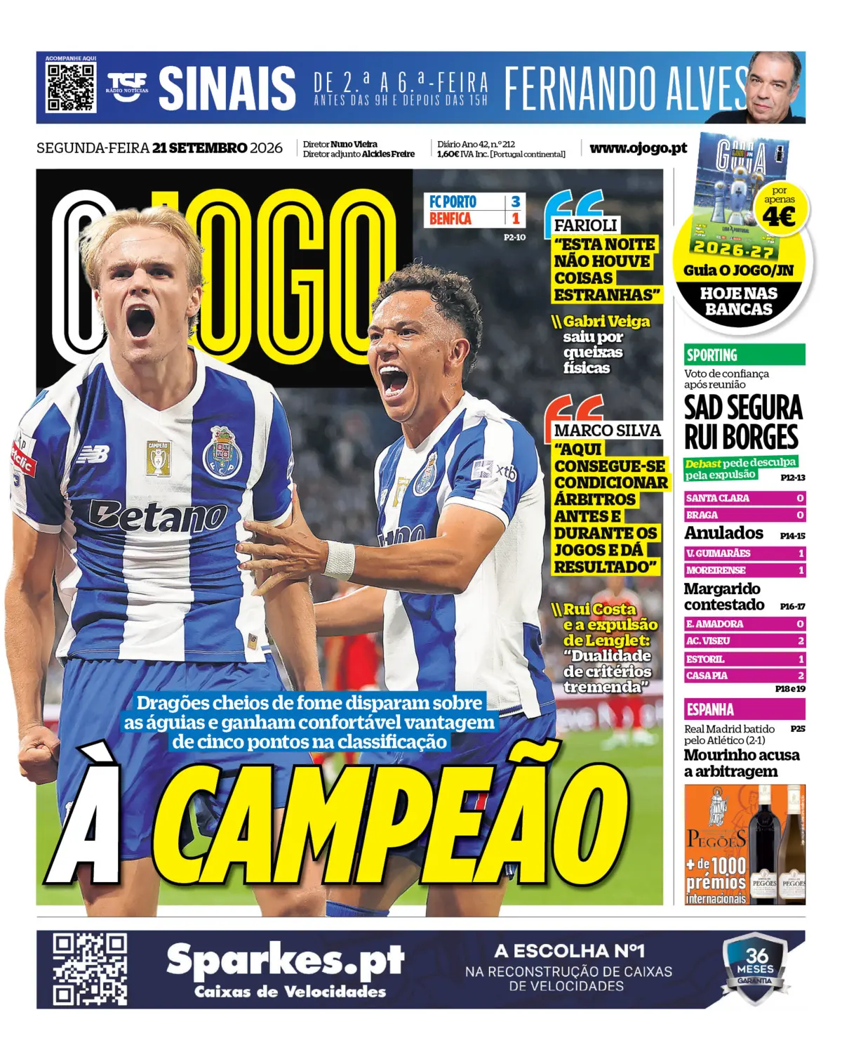 Capa do Jornal “O Jogo” – 21/09/2026