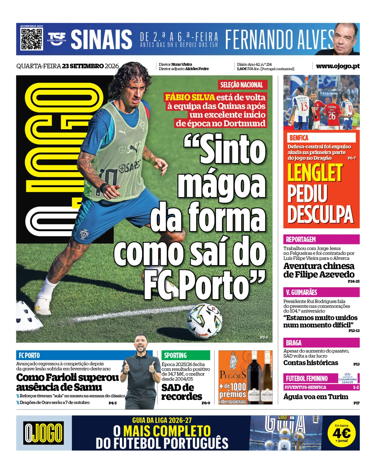 Capa do Jornal “O Jogo” – 23/09/2026