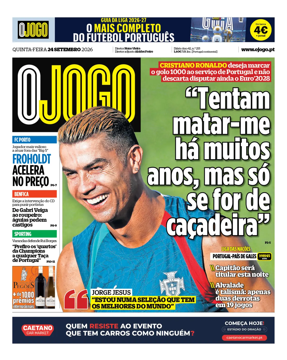 Capa do Jornal “O Jogo” – 24/09/2026