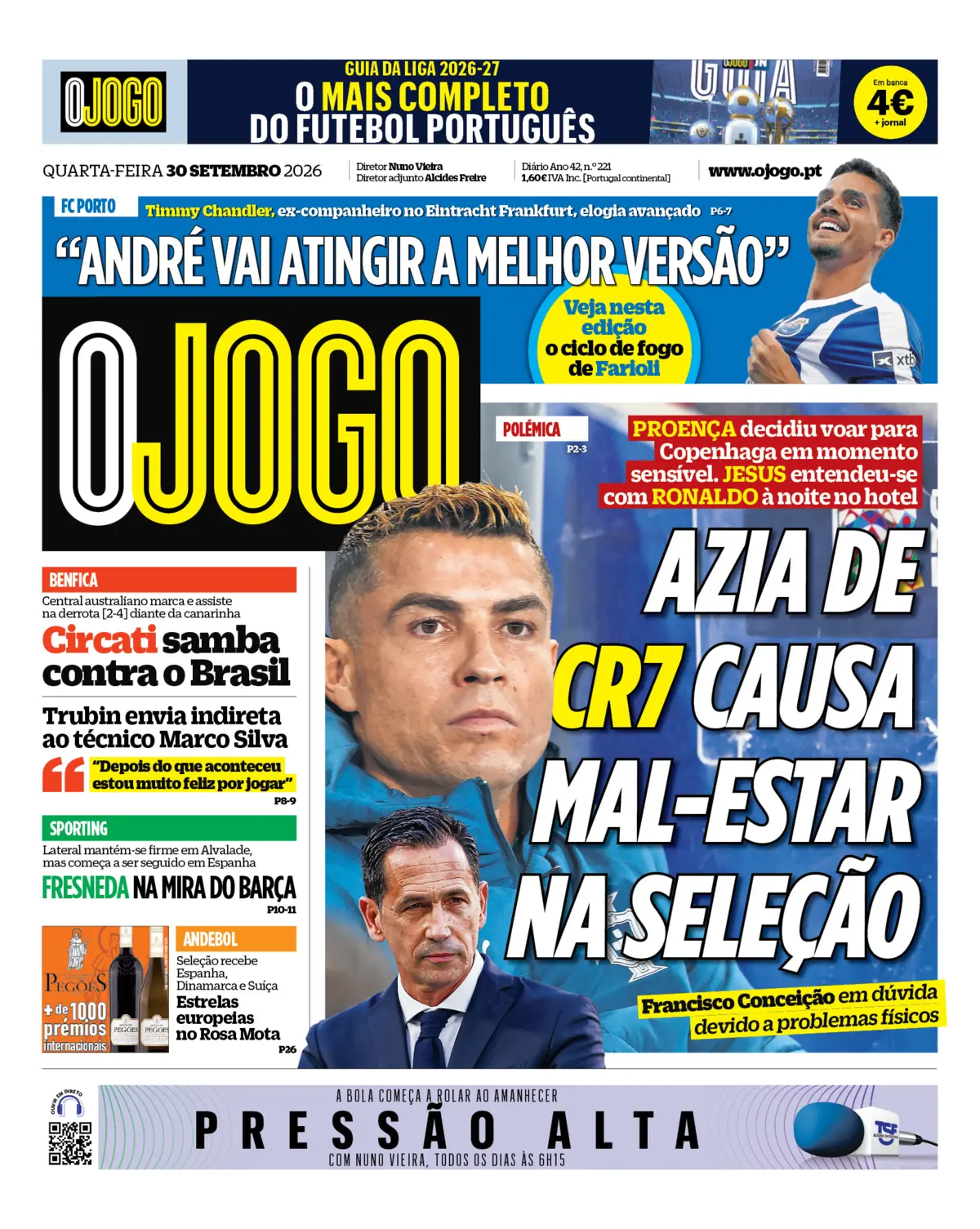 Capa do Jornal “O Jogo” – 30/09/2026