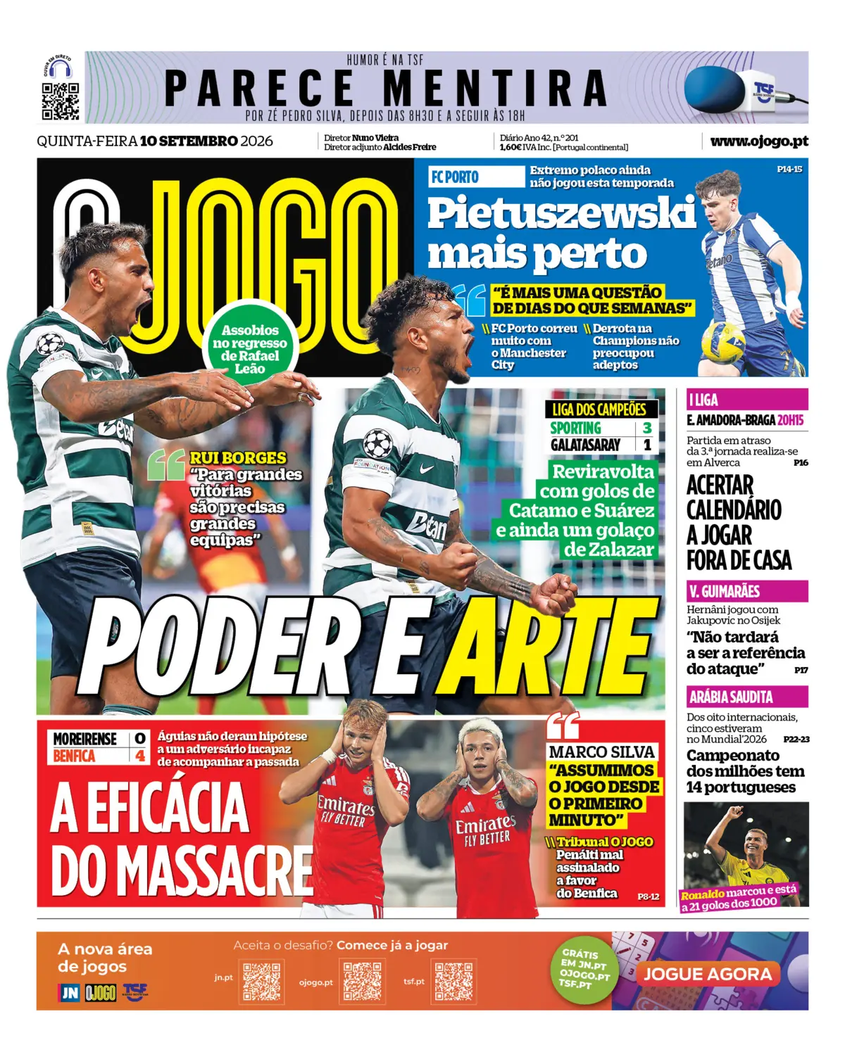 Capa do Jornal “O Jogo” – 10/09/2026