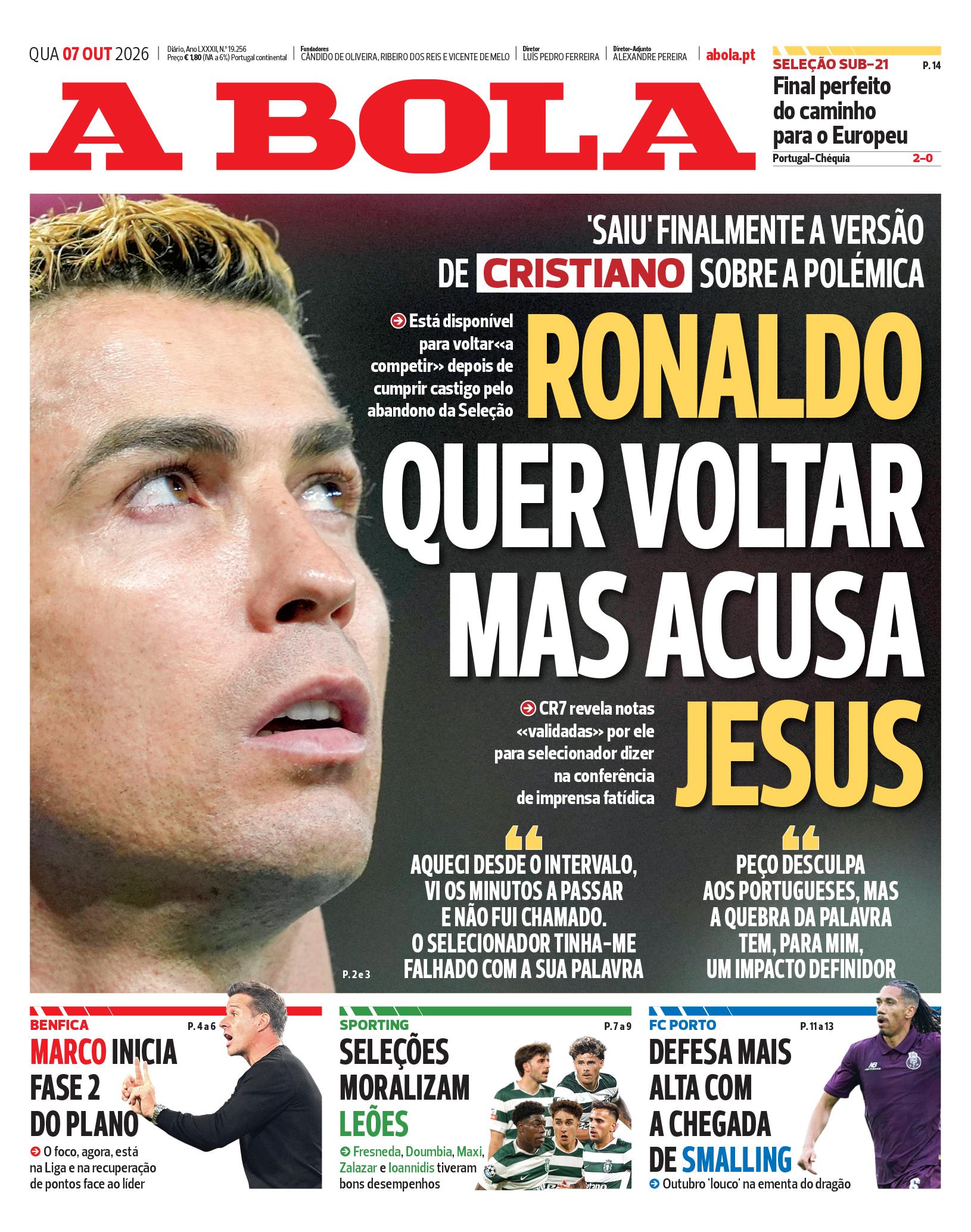 Capa do Jornal “A Bola” – 07/10/2026
