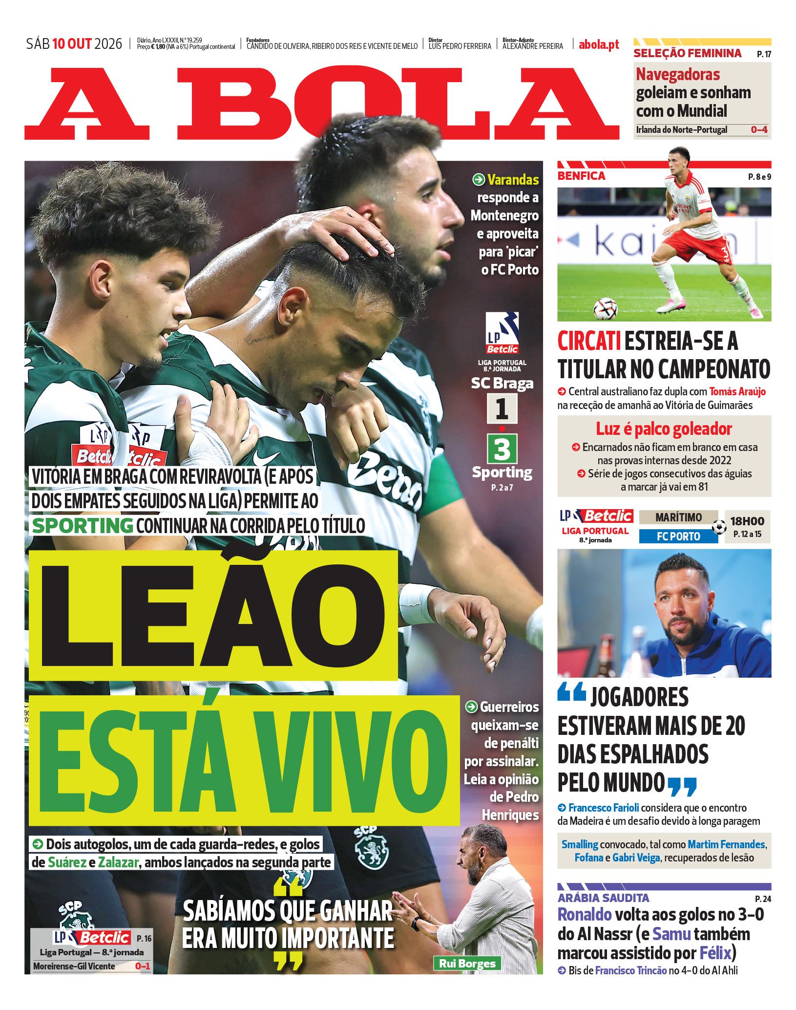 Capa do Jornal “A Bola” – 10/10/2026