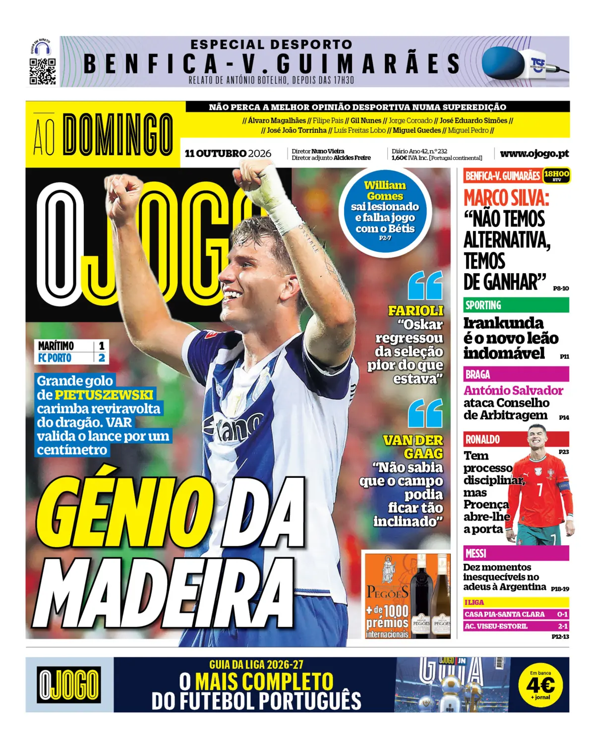 Capa do Jornal “O Jogo” – 11/10/2026