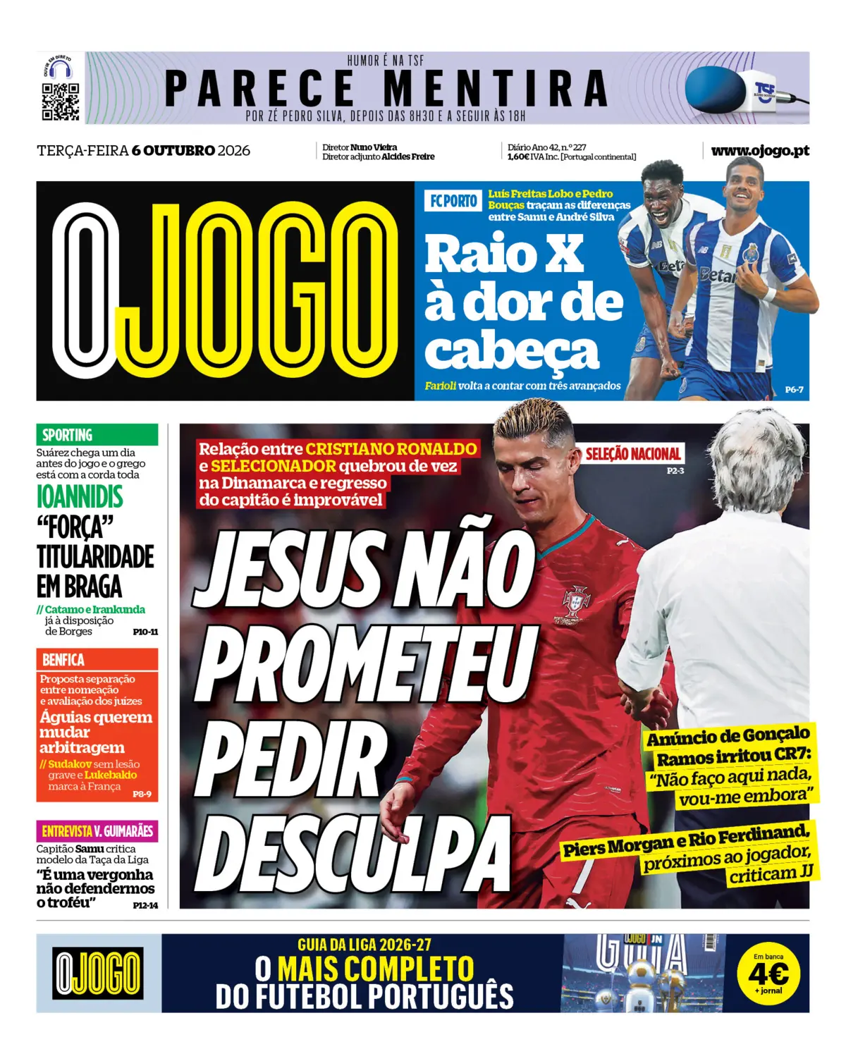 Capa do Jornal “O Jogo” – 06/10/2026
