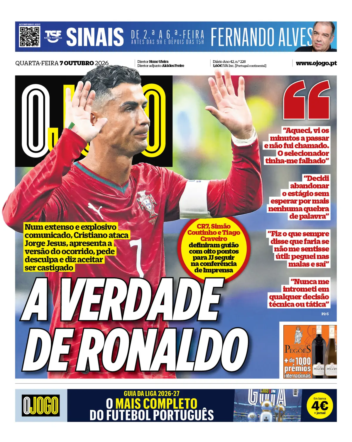 Capa do Jornal “O Jogo” – 07/10/2026